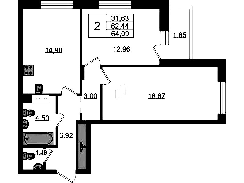 2-комнатная квартира 64.09 м², 5/11 эт., ЖК «VEREN NORT Сертолово»